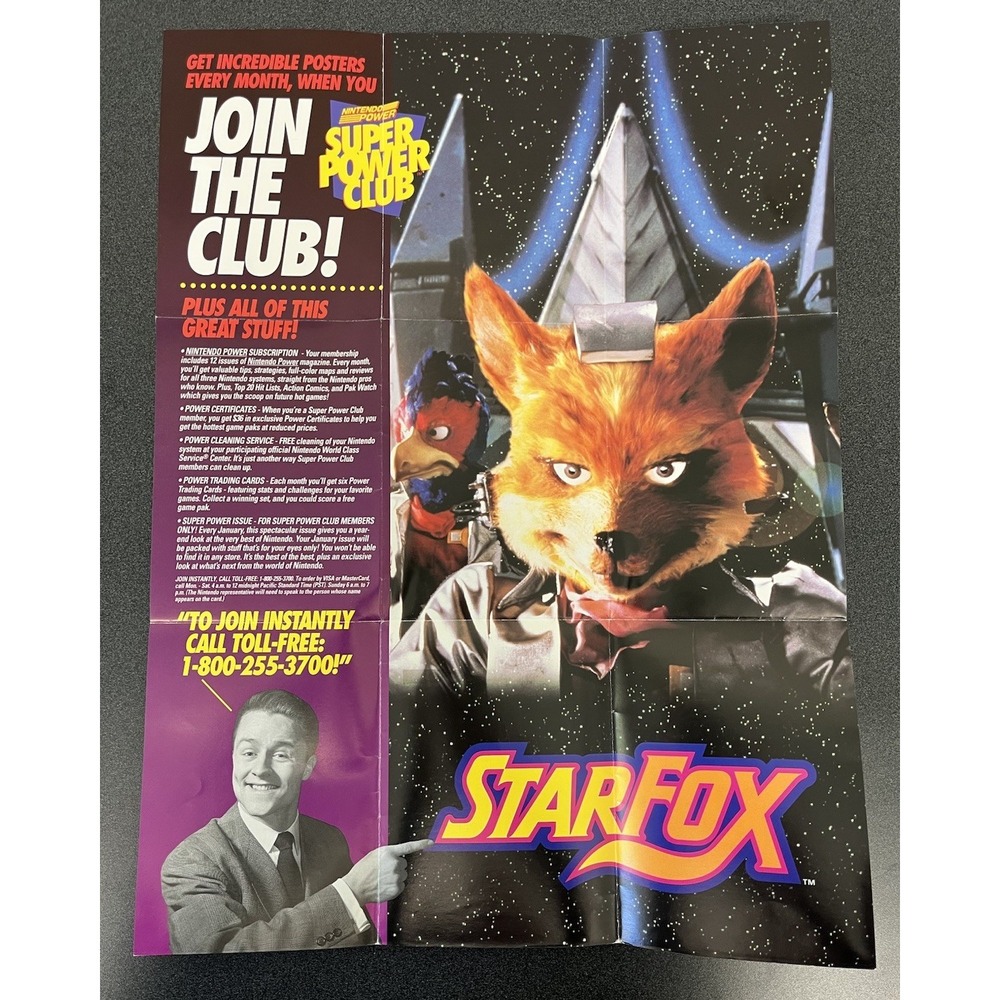1993 Super Nintendo SNES Star Fox Power Club Poster Game Box Insert GP-SNS-USA-3